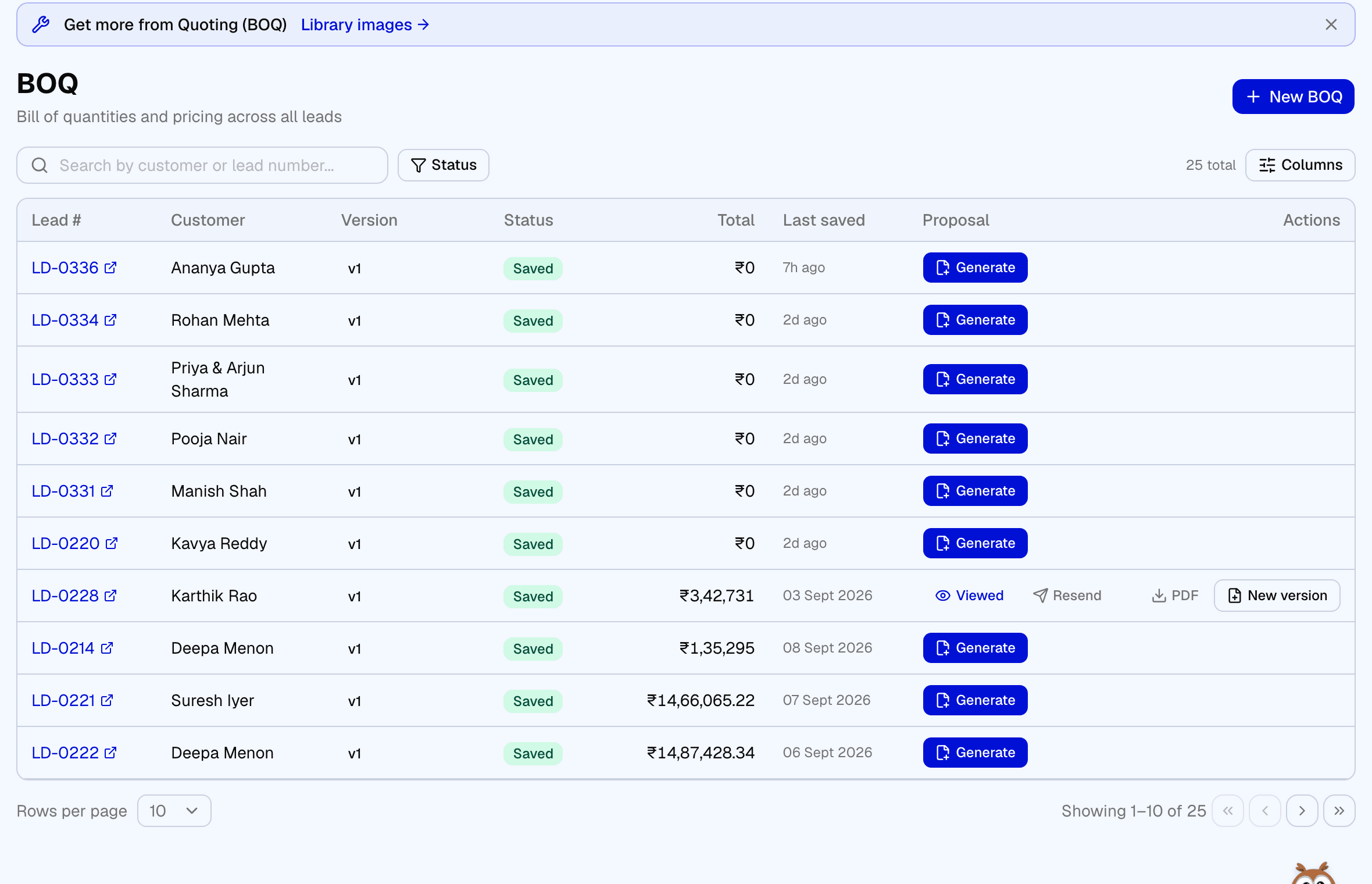 Sanyog BOQ editor with rooms, line items and totals