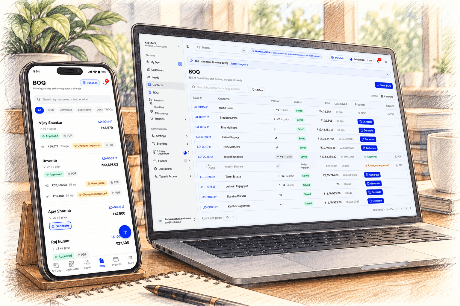 Sanyog bills of quantities on a laptop and on a phone: versions, totals and approval status for each lead