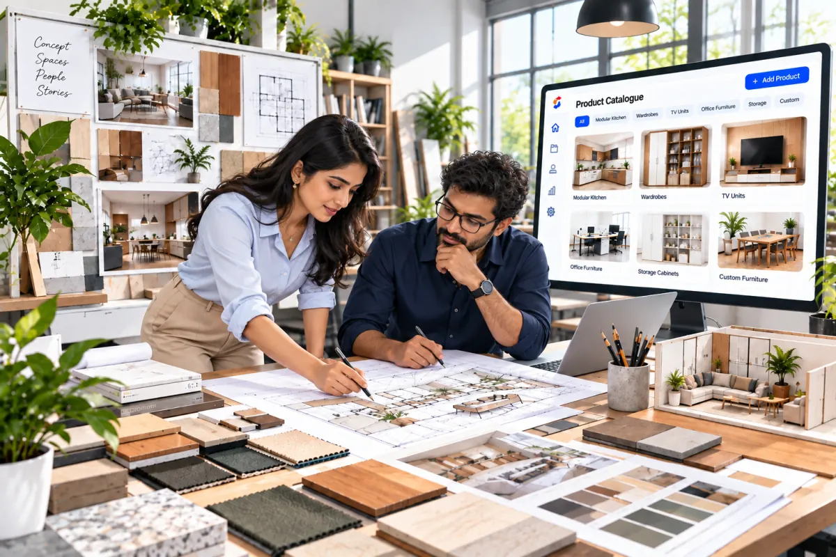 Two designers work together over drawings and finish samples in a bright studio, with a product catalogue on screen