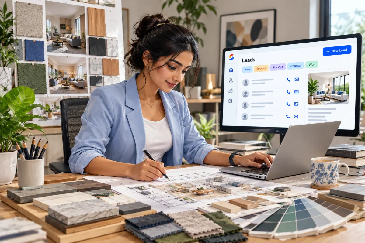 An interior designer at her desk with material samples, drawing on a plan while the Sanyog Leads screen shows on her monitor