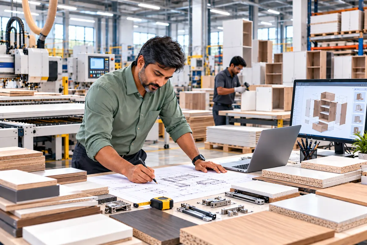 A designer reviews cabinet plans in a modular furniture workshop, with a 3D cabinet design on screen