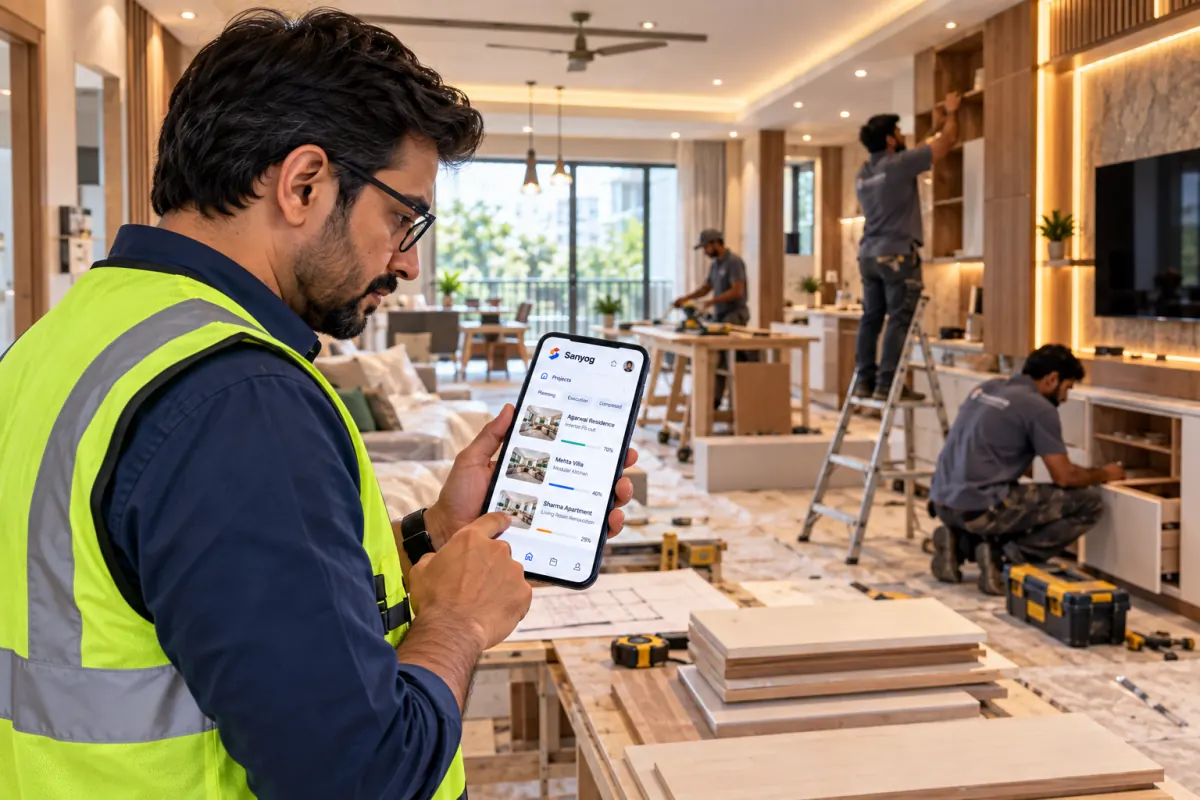 A renovation supervisor in a hi-vis vest checks project progress in the Sanyog app on his phone while a crew fits out a home